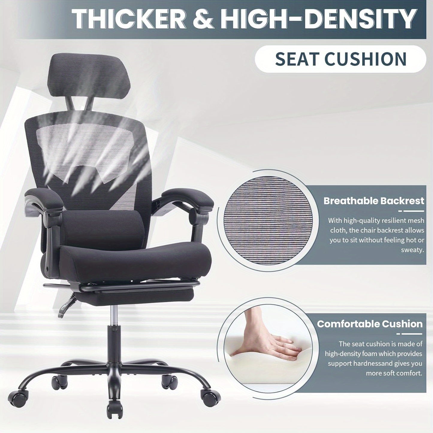 Ergonomic Office Chair with Footrest, Computer Desk Chair for Adults, High Back Mesh Rolling Swivel Reclining Chairs with Wheels Headrest Armrest