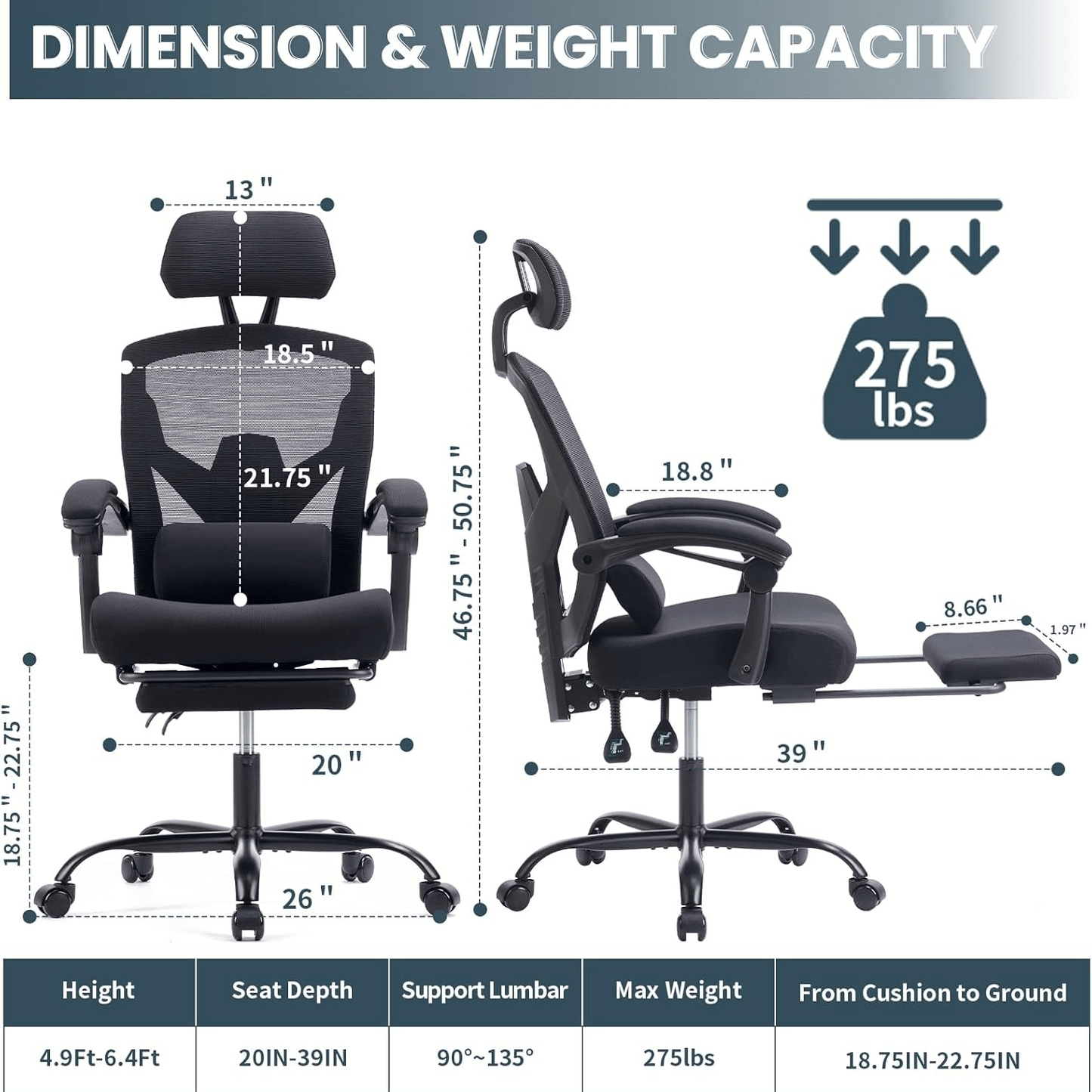 Ergonomic Office Chair with Footrest, Computer Desk Chair for Adults, High Back Mesh Rolling Swivel Reclining Chairs with Wheels Headrest Armrest