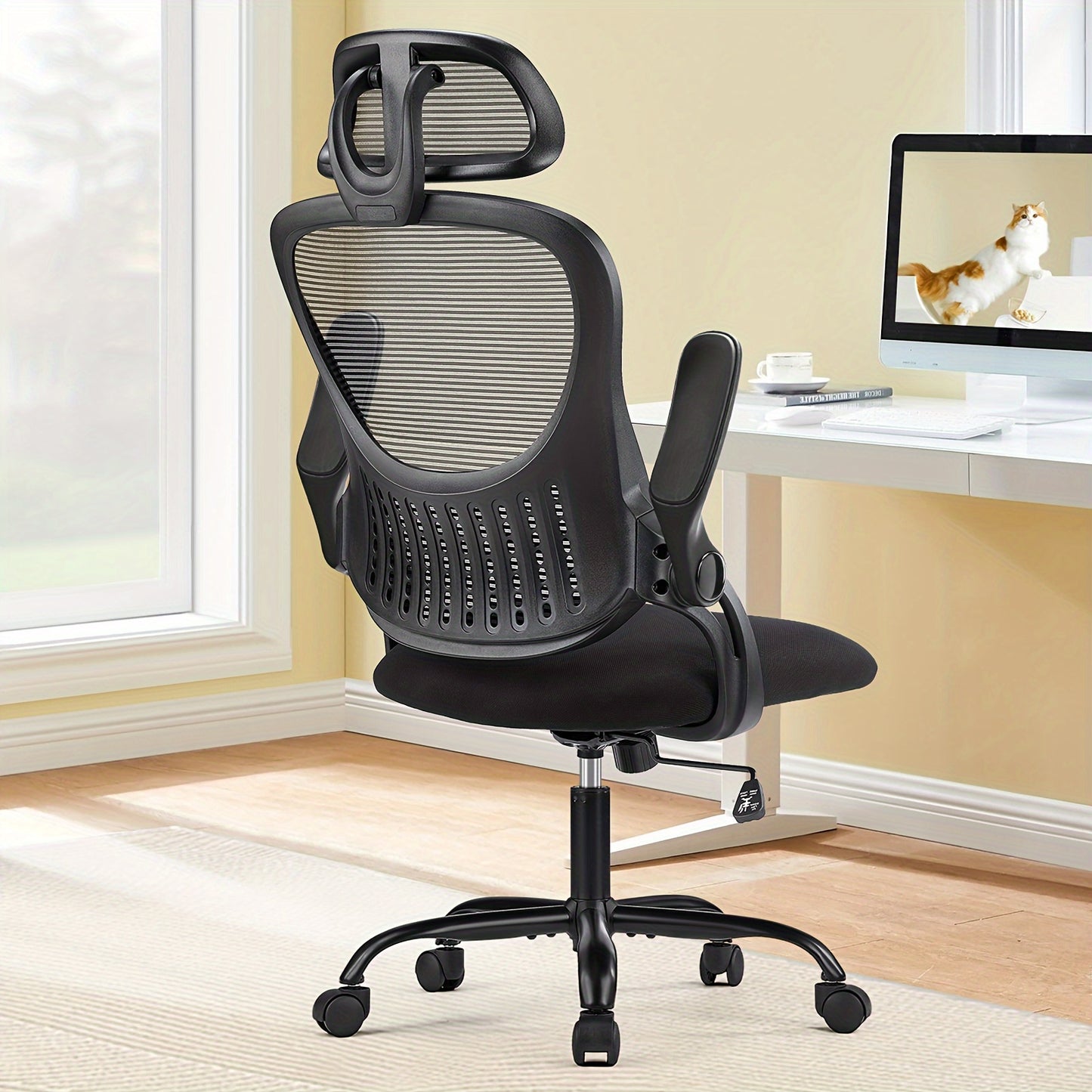 OLIXIS Ergonomic Office Desk Computer Chair, High Back Comfy Swivel Home Gaming Mesh Chairs with Wheels, Adjustable Headrest, Comfortable Lumbar Support, Flip-up Arms, 144° Tilt for Study