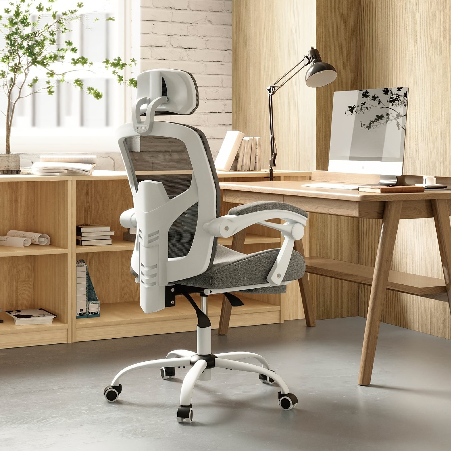 Modern minimalist style ergonomic high back office computer desk and chair, black mesh rolling work swivel chair, comfortable arms, lumbar support, very suitable for home office and study