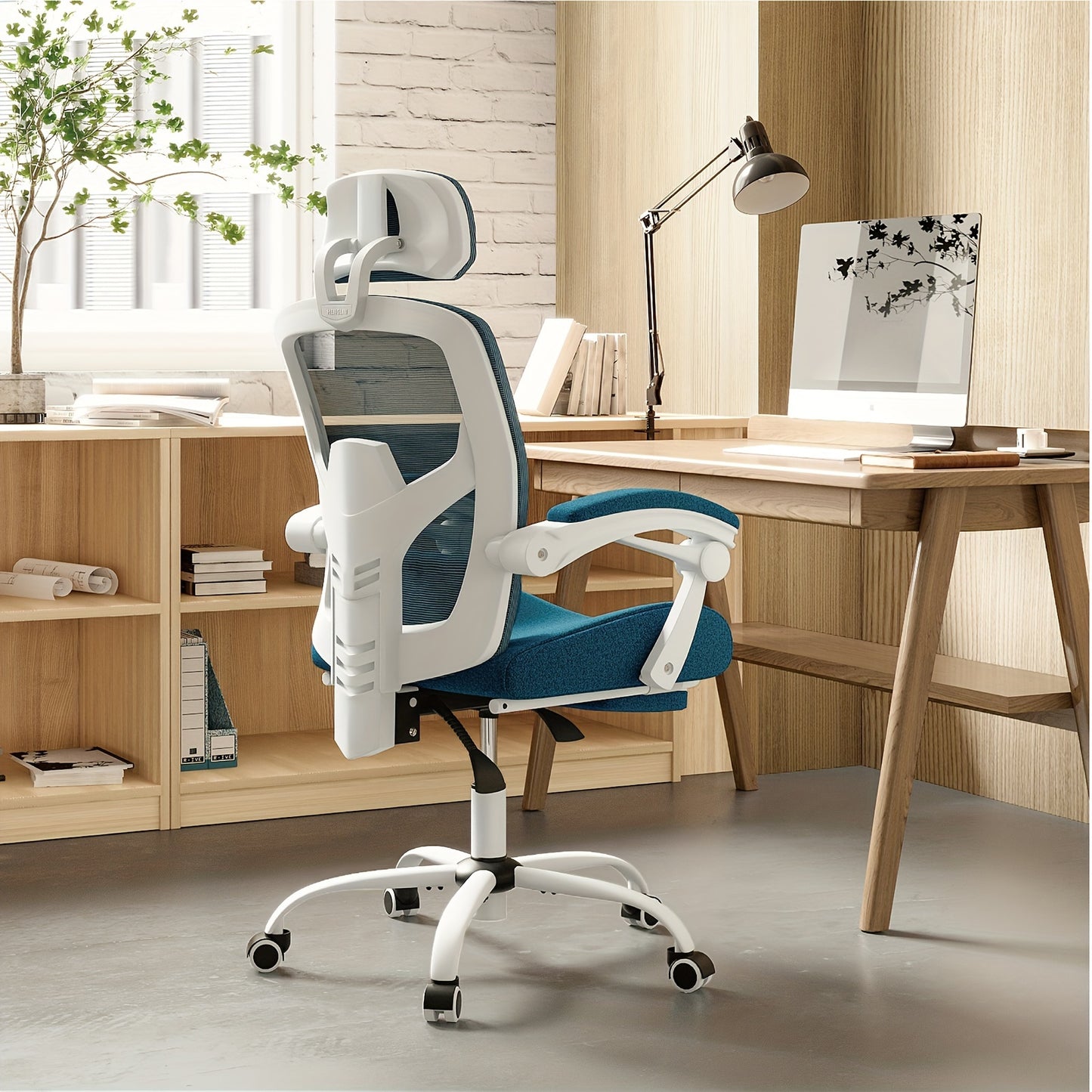 Modern minimalist style ergonomic high back office computer desk and chair, black mesh rolling work swivel chair, comfortable arms, lumbar support, very suitable for home office and study