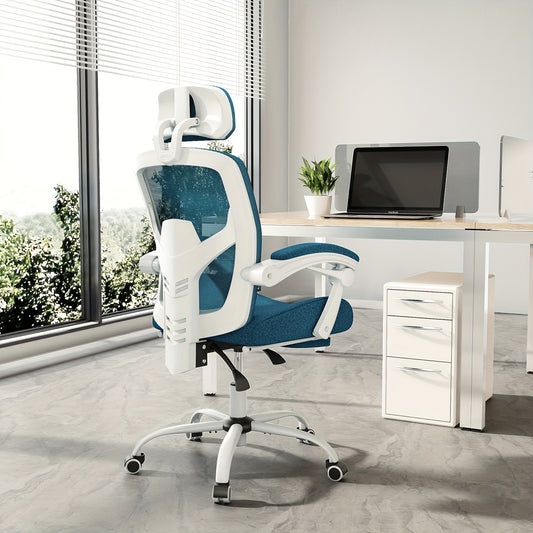 Modern minimalist style ergonomic high back office computer desk and chair, black mesh rolling work swivel chair, comfortable arms, lumbar support, very suitable for home office and study