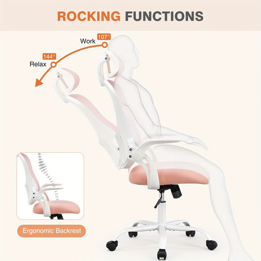 OLIXIS Ergonomic Office Desk Computer Chair, High Back Comfy Swivel Home Gaming Mesh Chairs with Wheels, Adjustable Headrest, Comfortable Lumbar Support, Flip-up Arms, 144° Tilt for Study