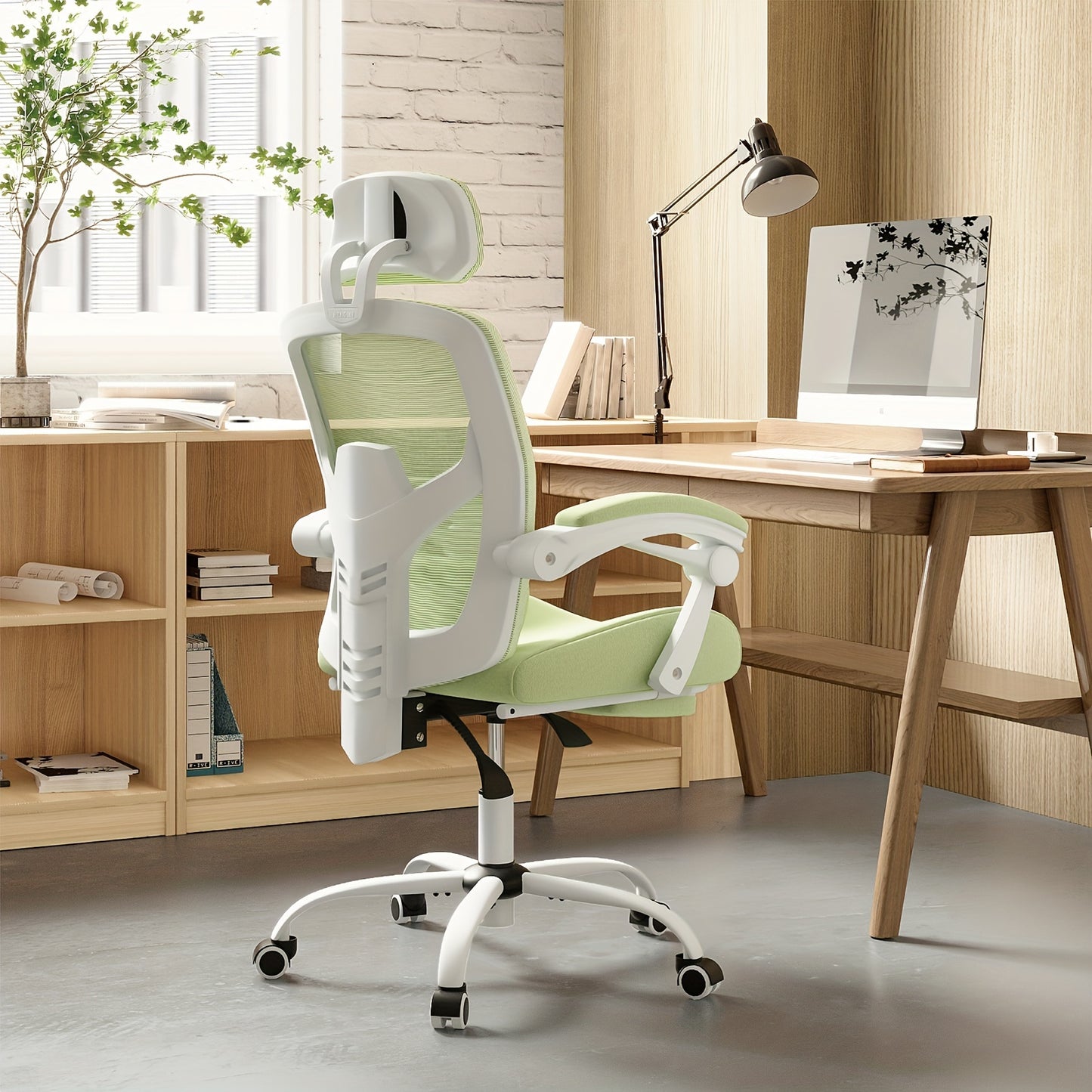 Modern minimalist style ergonomic high back office computer desk and chair, black mesh rolling work swivel chair, comfortable arms, lumbar support, very suitable for home office and study