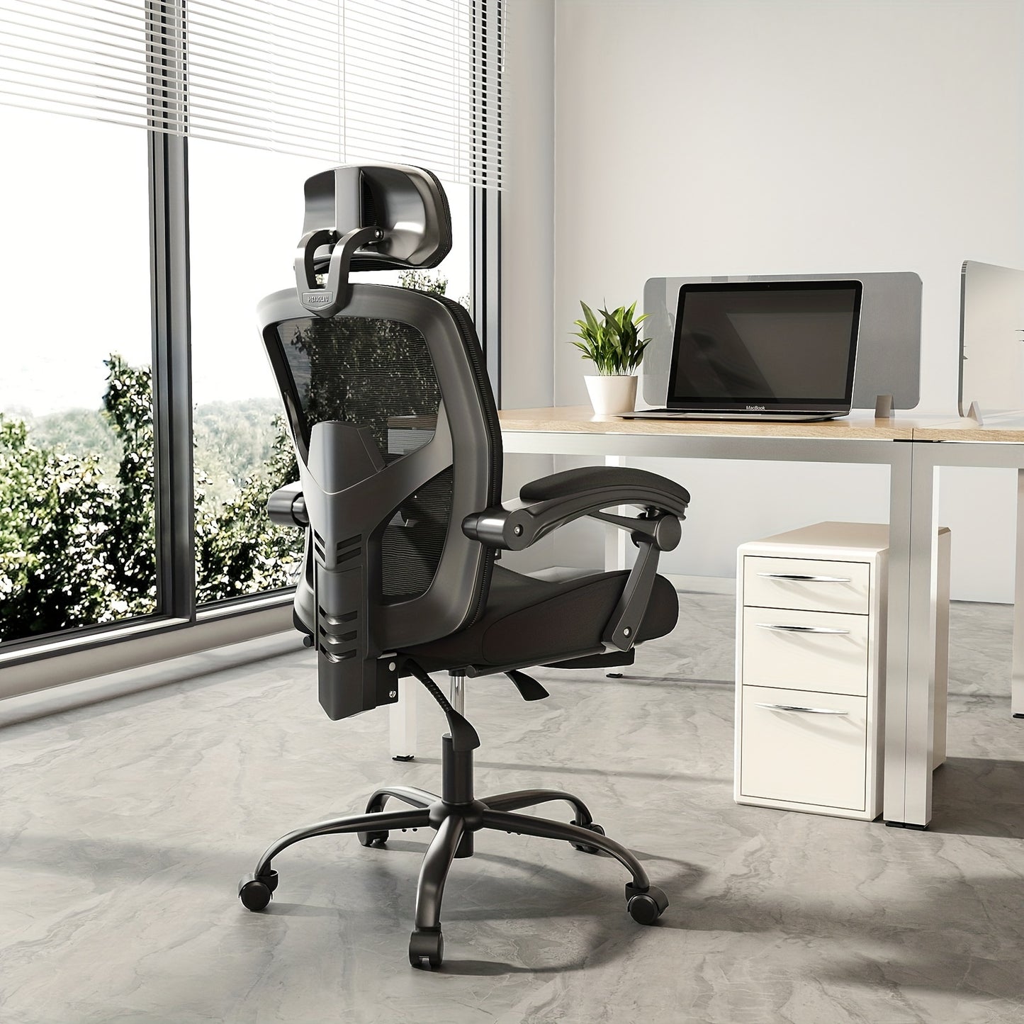 Modern minimalist style ergonomic high back office computer desk and chair, black mesh rolling work swivel chair, comfortable arms, lumbar support, very suitable for home office and study