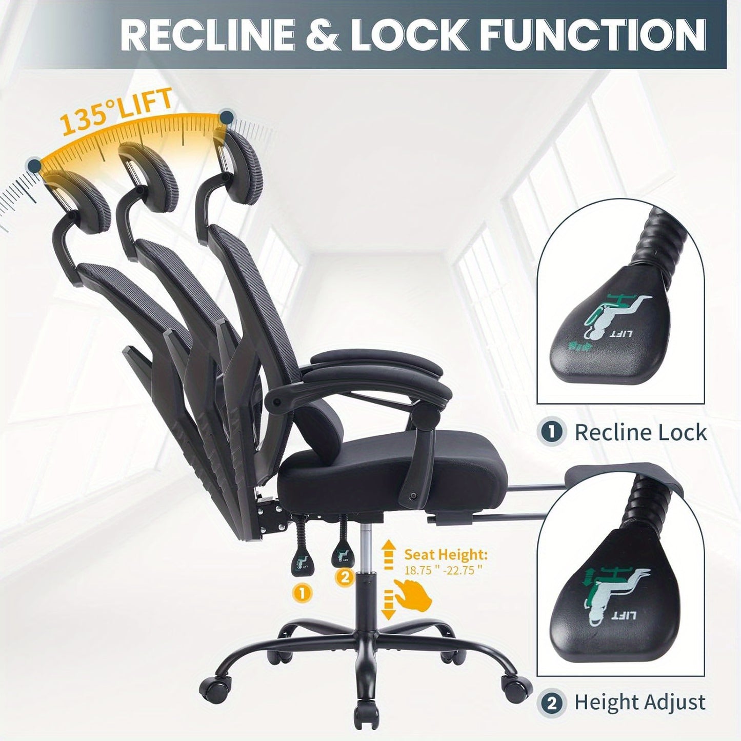 Ergonomic Office Chair with Footrest, Computer Desk Chair for Adults, High Back Mesh Rolling Swivel Reclining Chairs with Wheels Headrest Armrest