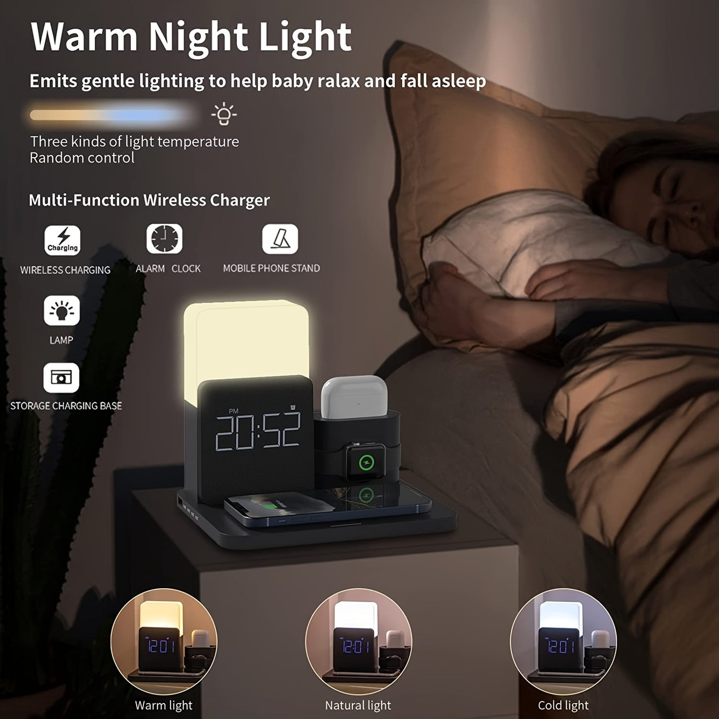 Wireless Charging Station 3-in-1  with Alarm Clock